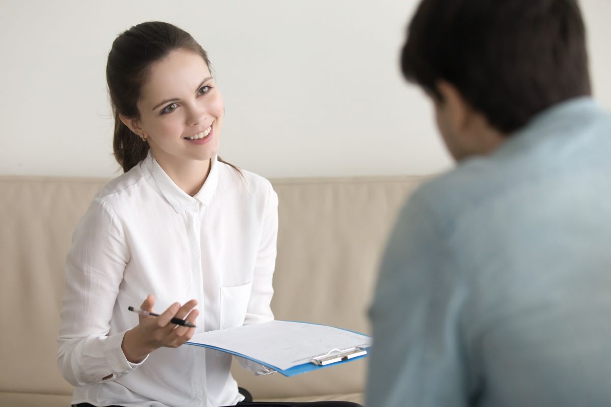 woman talking to man